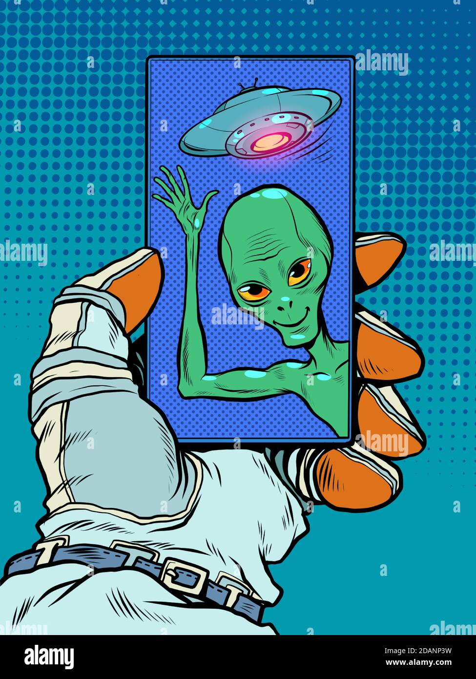 Contatto con una mente aliena. Amico alieno uomo verde Illustrazione Vettoriale