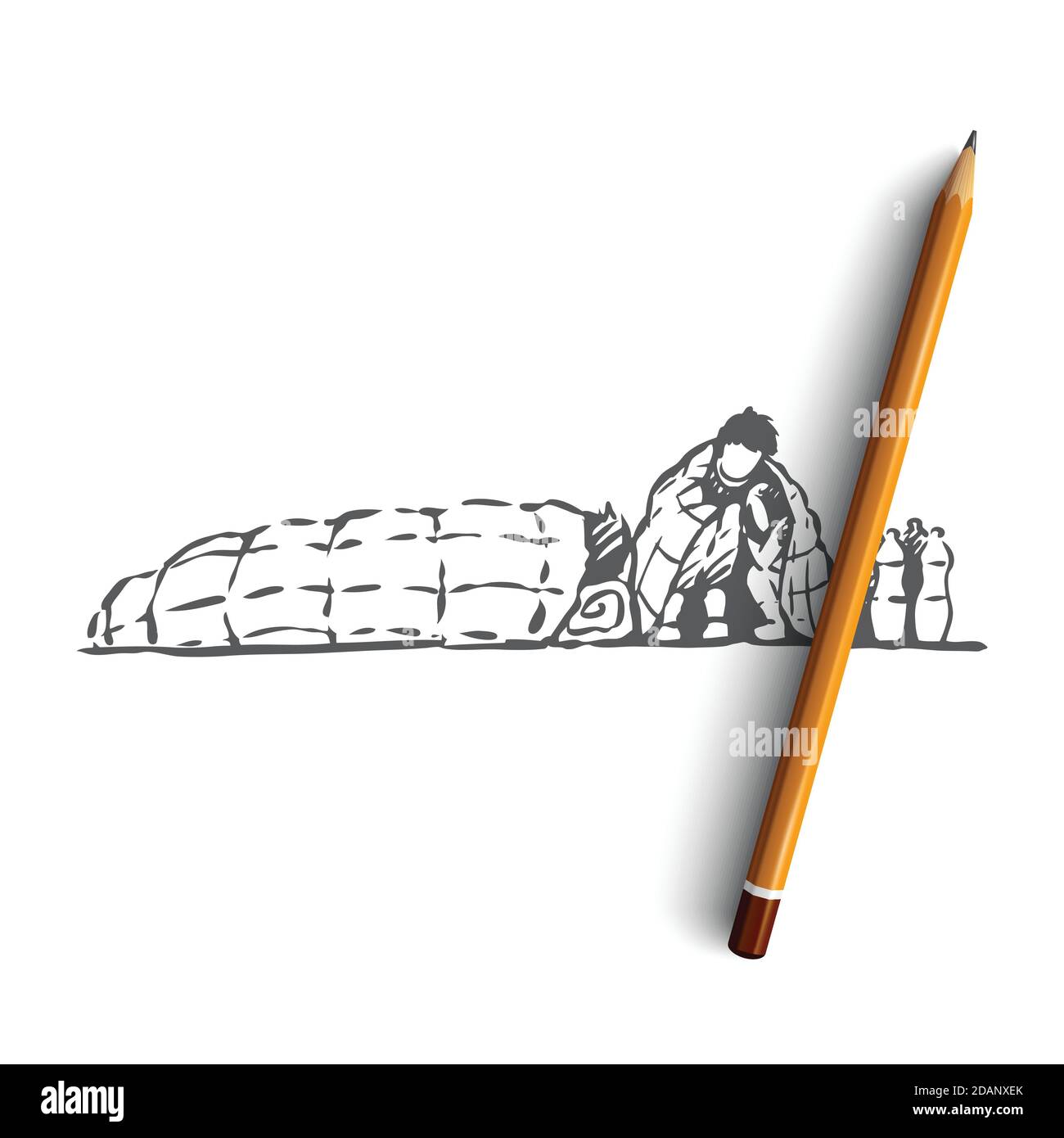 Concetto di immigrazione, clandestina, senza tetto, crisi. Vettore isolato disegnato a mano. Illustrazione Vettoriale