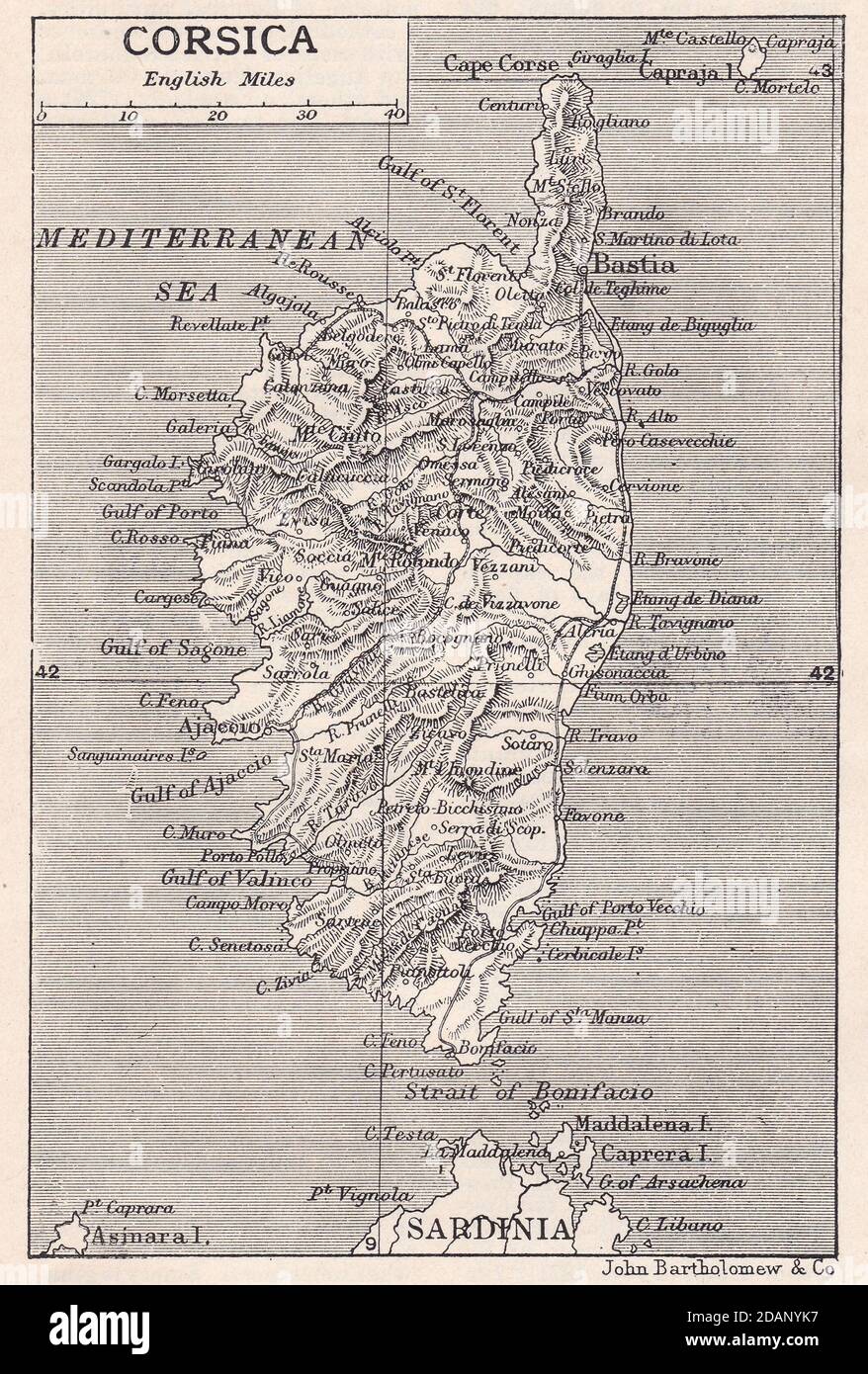 Mappa d'epoca della Corsica del 1900 Foto Stock