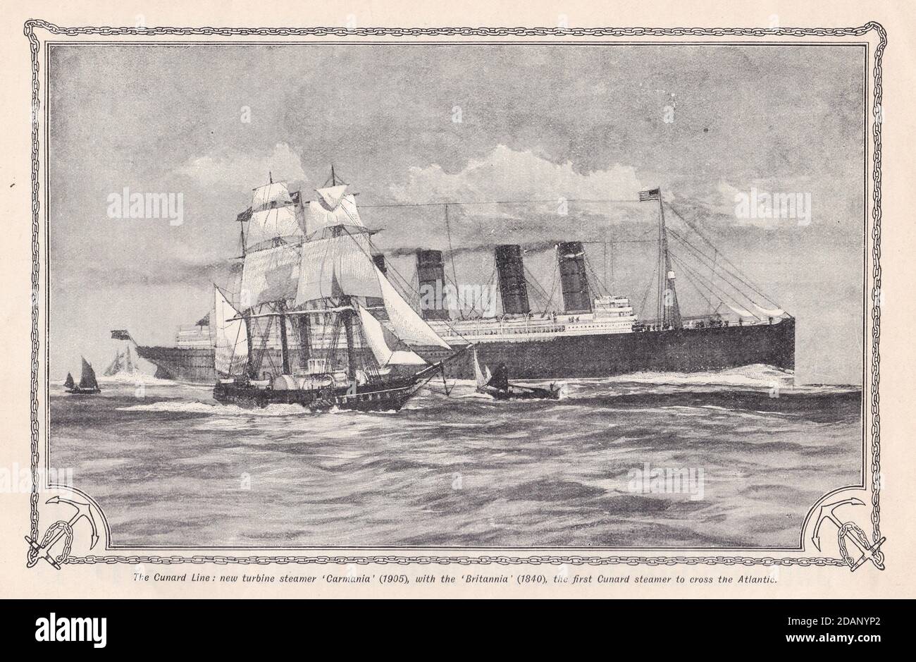 La linea Cunard: Nuovo vaporizzatore a turbina 'Carmania (1905), con la Britannia (1840), la prima Cunard ad attraversare l'Atlantico. Foto Stock