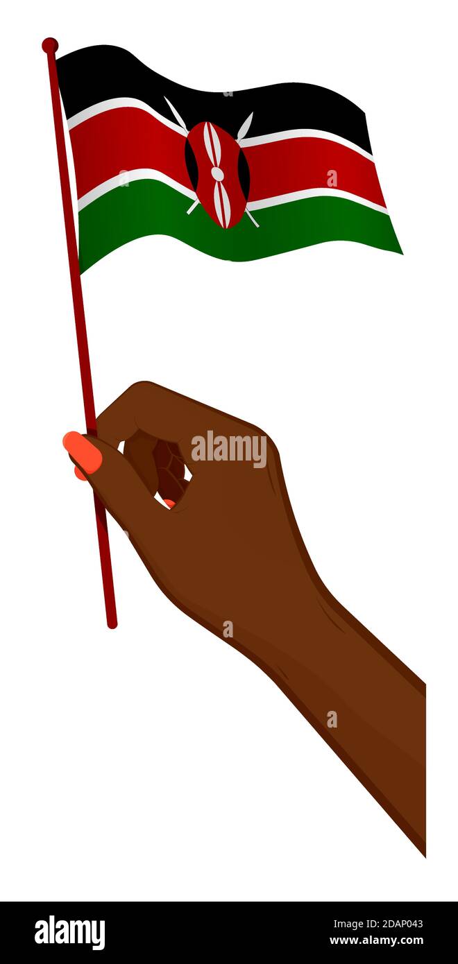 La mano femminile tiene delicatamente una piccola bandiera del Kenya. Elemento di design per le vacanze. Vettore cartoon su sfondo bianco Illustrazione Vettoriale