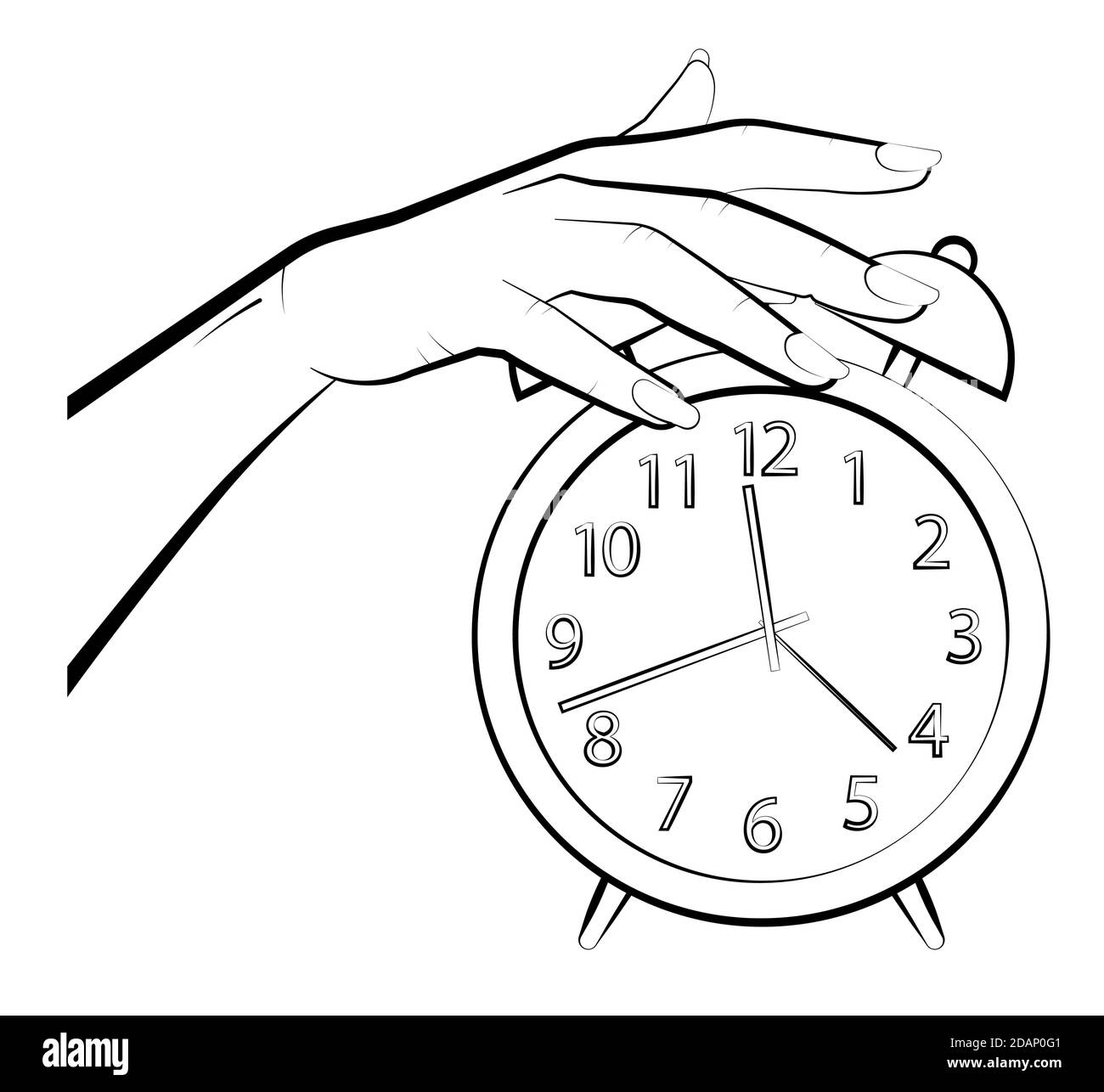 la mano della donna disattiva l'allarme. Affaticamento e insonnia. Il concetto di tempo per svegliarsi. Vettore Illustrazione Vettoriale