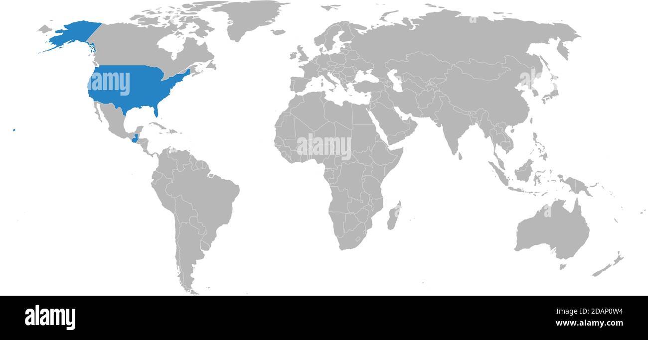 Guatemala, Stati Uniti, paesi isolati sulla mappa del mondo. Sfondo grigio chiaro. Concetti di business, relazioni diplomatiche, commerciali e di trasporto. Illustrazione Vettoriale