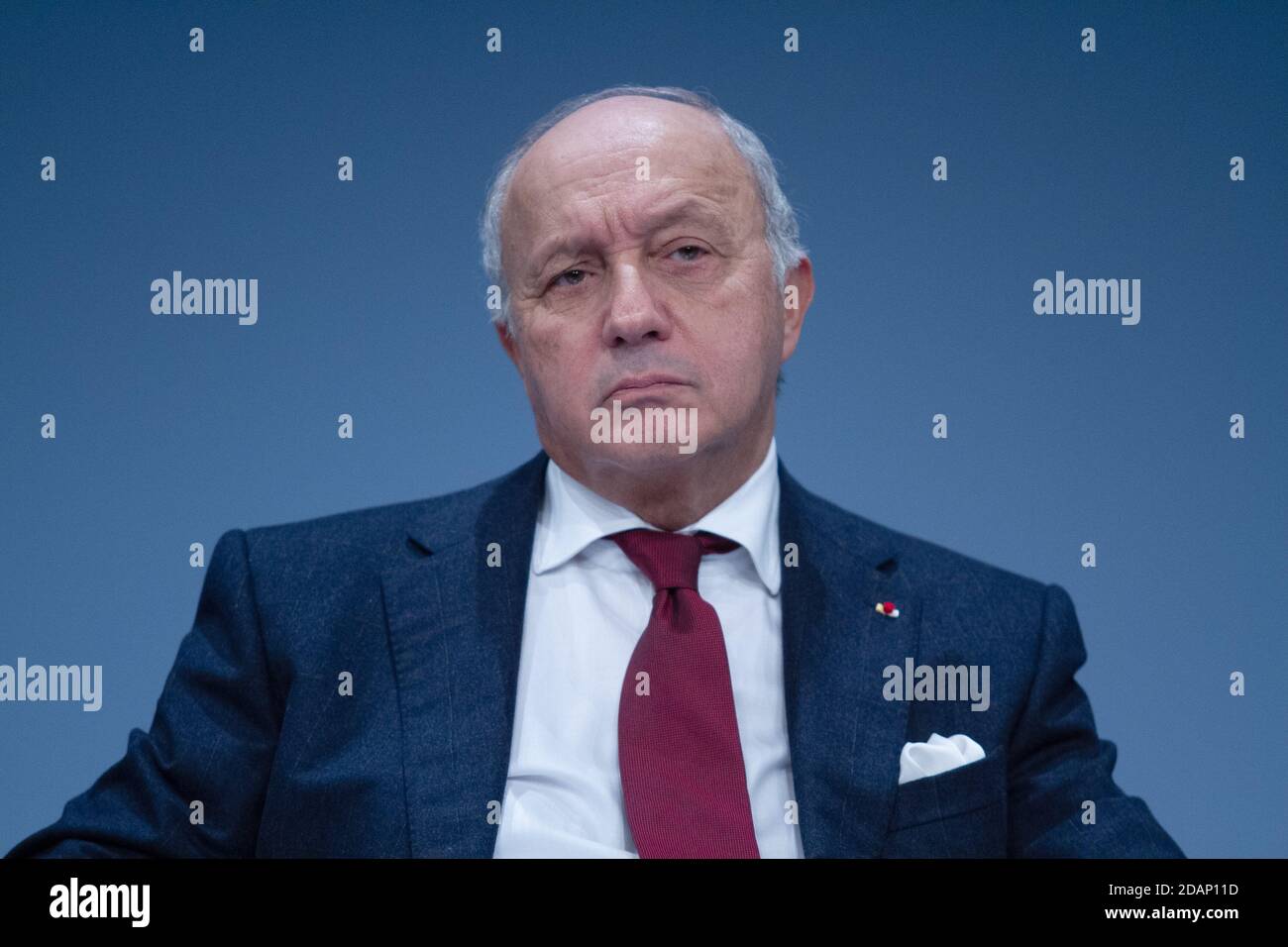 Parigi, Francia, 12 novembre 2018, Laurent Fabius, ex primo ministro della Repubblica di Francia, al Forum della Pace di Parigi, François Loock/Alamy Foto Stock