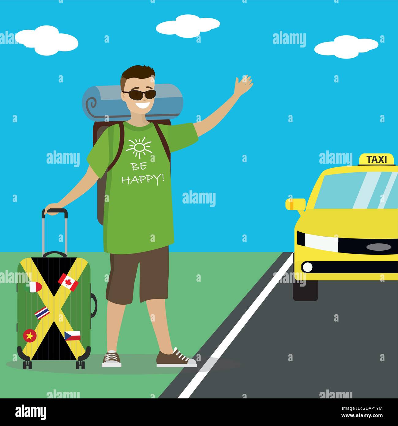 Uomo caucasico con hitchhiking valigia sulla strada. Illustrazione Vettoriale