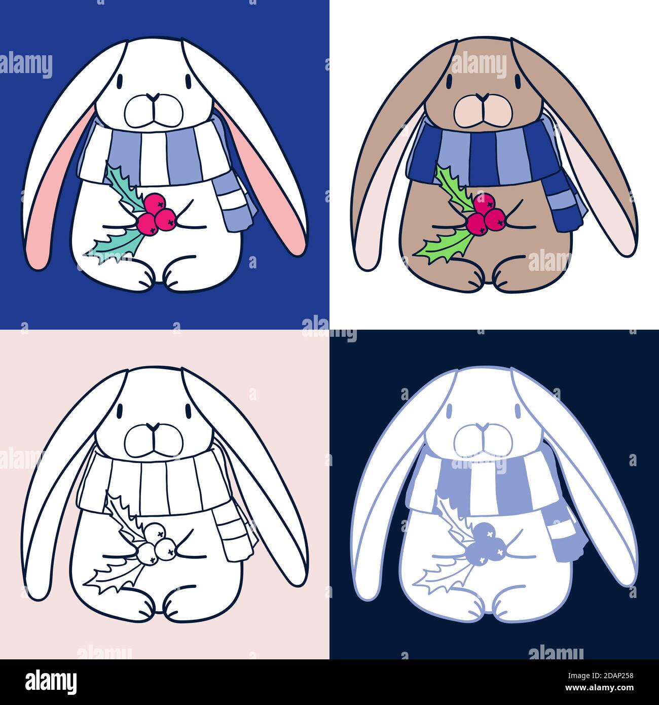 Simpatico coniglio di Natale che tiene la frutta agrifoglio. Bunny cartoon disegnato a mano con lunghe orecchie che indossano sciarpa a righe. Illustrazione vettoriale a colori Illustrazione Vettoriale
