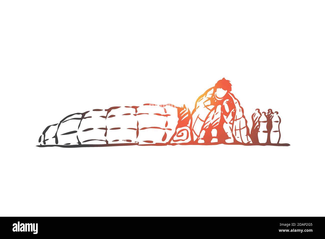 Concetto di immigrazione, clandestina, senza tetto, crisi. Vettore isolato disegnato a mano. Illustrazione Vettoriale