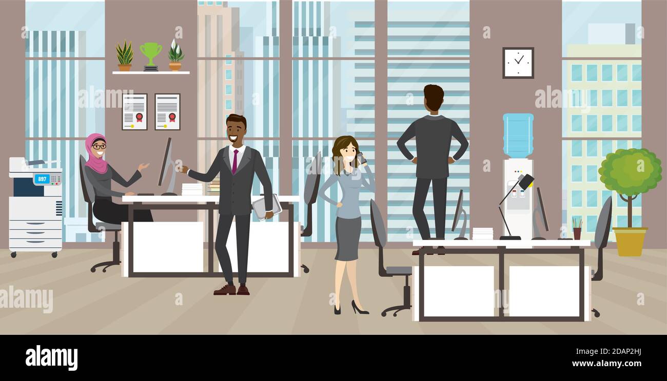 Gruppo di uomini d'affari o di lavoratori d'ufficio in un ufficio moderno. Illustrazione Vettoriale
