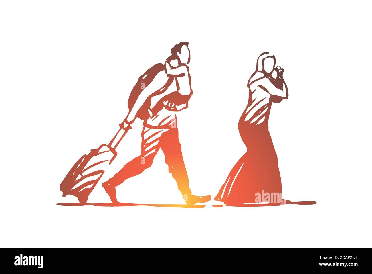 Migrante, famiglia, bambini, illegale, concetto di borse. Vettore isolato disegnato a mano. Illustrazione Vettoriale