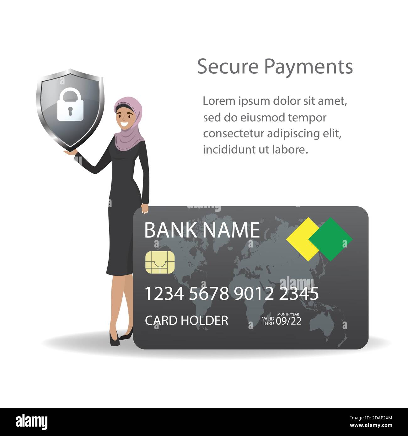 Donna araba con carta di credito e scudo con serratura Illustrazione Vettoriale