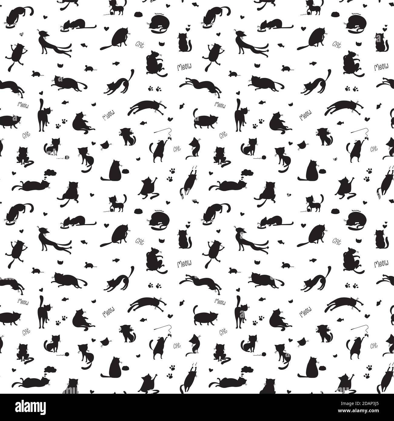 Divertente gatto nero silhouette modello senza cuciture, carino animali domestici backgroun Illustrazione Vettoriale