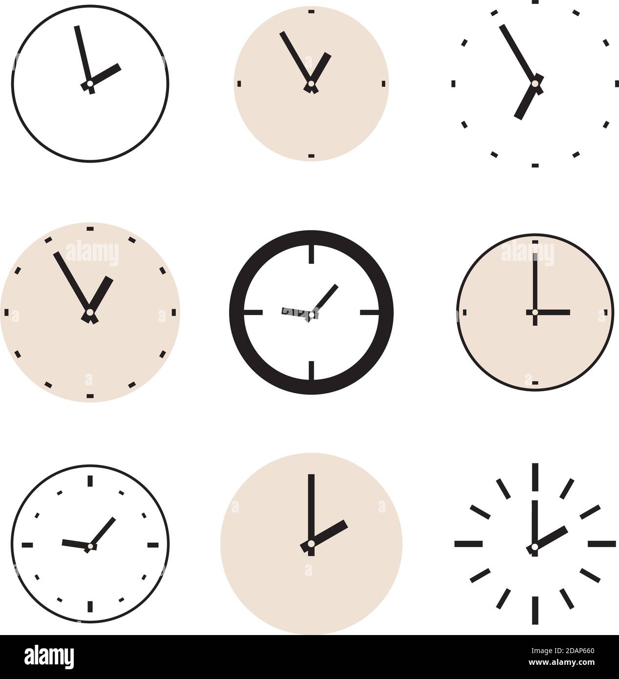 Set di icone vettore orologio. Collezione di illustrazioni di orologi beige e nero isolato su sfondo bianco Illustrazione Vettoriale