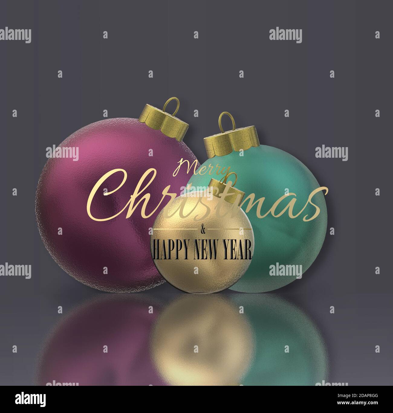 Natale realistico 3D palline baubles su riflessione, testo buon Natale e felice anno nuovo su sfondo grigio. Illustrazione 3D. Disegno di Natale per invito Foto Stock