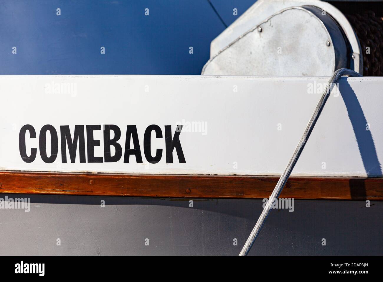 Nome visto su una nave da pesca a Steveston Harbour British Columbia Canada Foto Stock