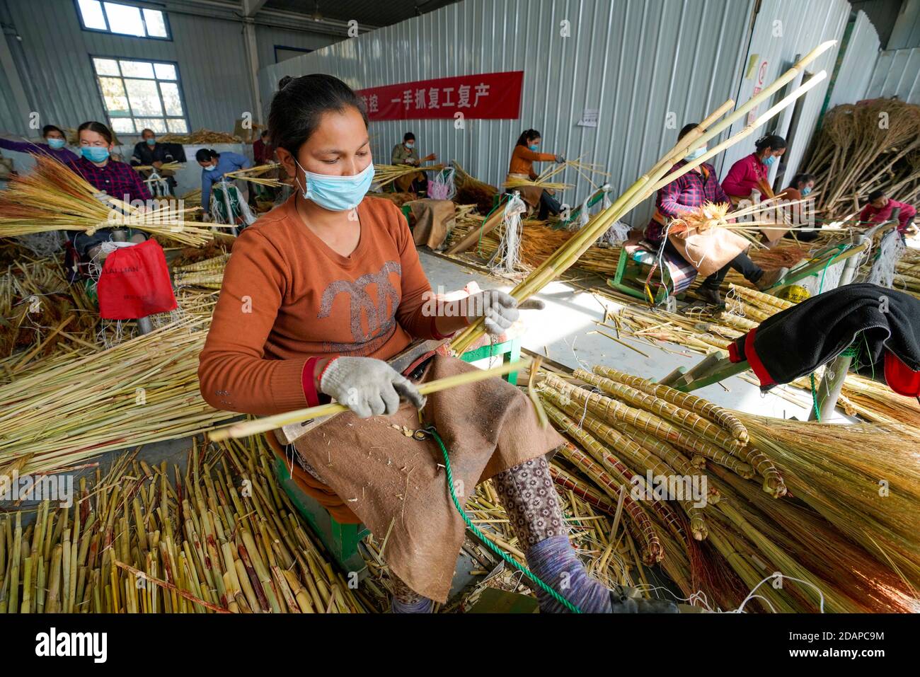 (201114) -- URUMQI, 14 novembre 2020 (Xinhua) -- i villaggi fanno le scopa ad un centro di fabbricazione della scopa in Akesalayi Township della contea di Moyu, regione Autonoma Xinjiang Uygur della Cina nord-occidentale, 22 ottobre 2020. In un'impresa storica, la Regione Autonoma Xinjiang Uygur della Cina nord-occidentale ha proibito l'addio alla povertà assoluta. Le ultime 10 contee impoverite dello Xinjiang sono riuscite a porre fine alla povertà assoluta, ha annunciato sabato il governo regionale. Le 10 contee, tra cui Shache County, Moyu County e Akto County, non sono più impoverite contee da standard ufficiali, il governo locale sa Foto Stock