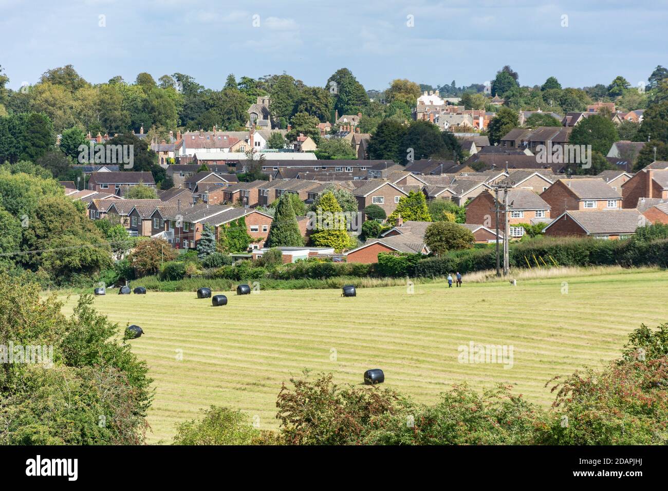 Vista della città attraverso i campi, Faringdon, Oxfordshire, Inghilterra, Regno Unito Foto Stock
