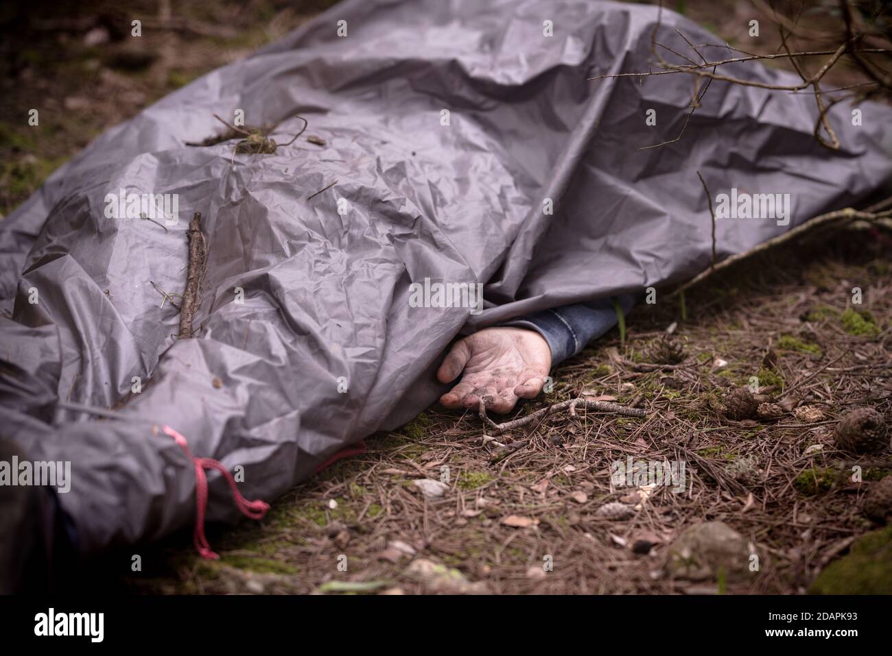 Uomo caucasico morto nel bosco. Omicidio nella foresta. Trovato un corpo morto nel parco. Foto Stock