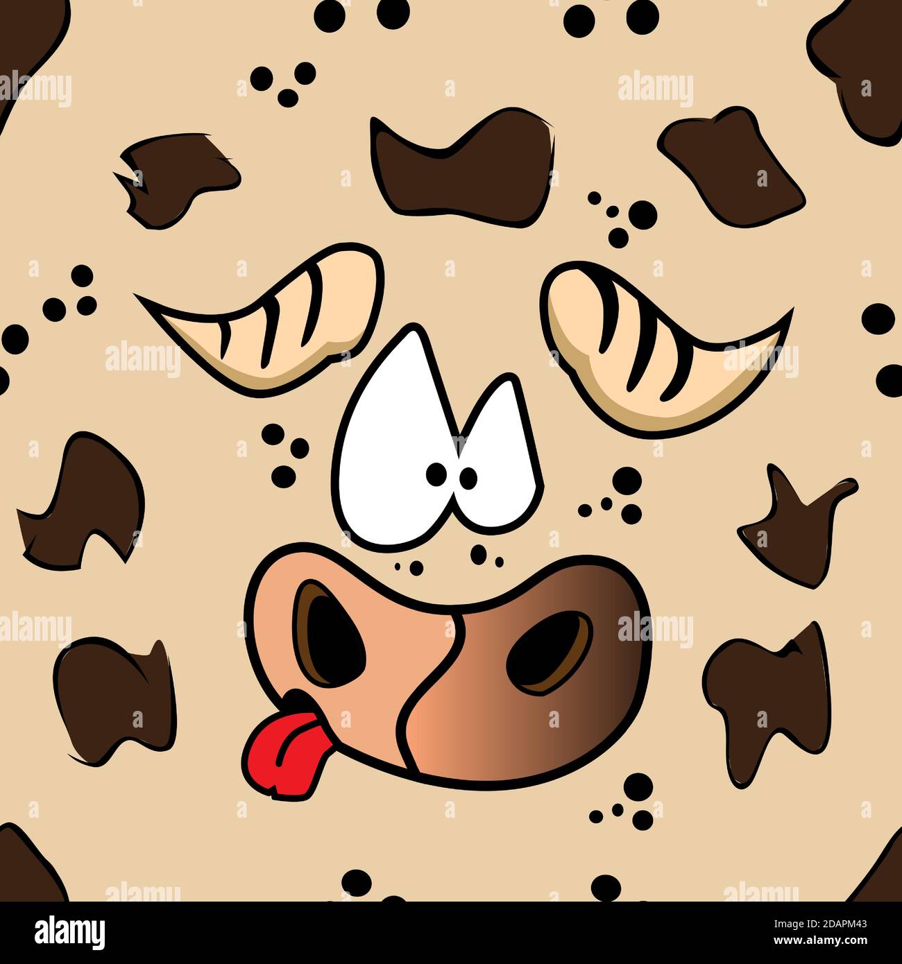 Un toro macchiato cartone animato mostra la sua lingua. Texture natalizia Illustrazione Vettoriale