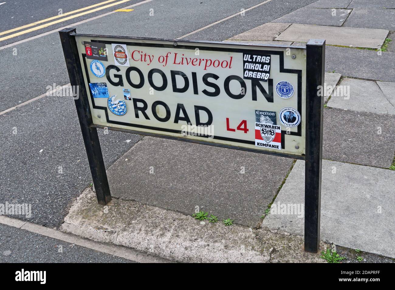 Goodison Road Sign, Goodison Park, Everton Football Club, Walton, Liverpool, Merseyside, Inghilterra, Regno Unito, L4 4LE Foto Stock