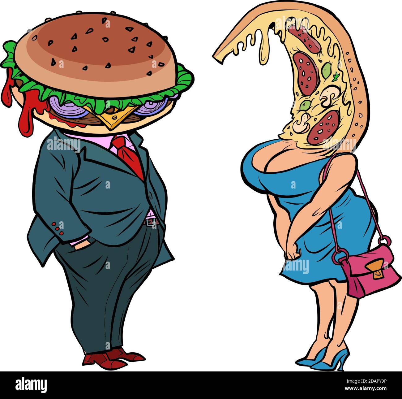Due personaggi Burger e pizza si incontrano e parlano Illustrazione Vettoriale