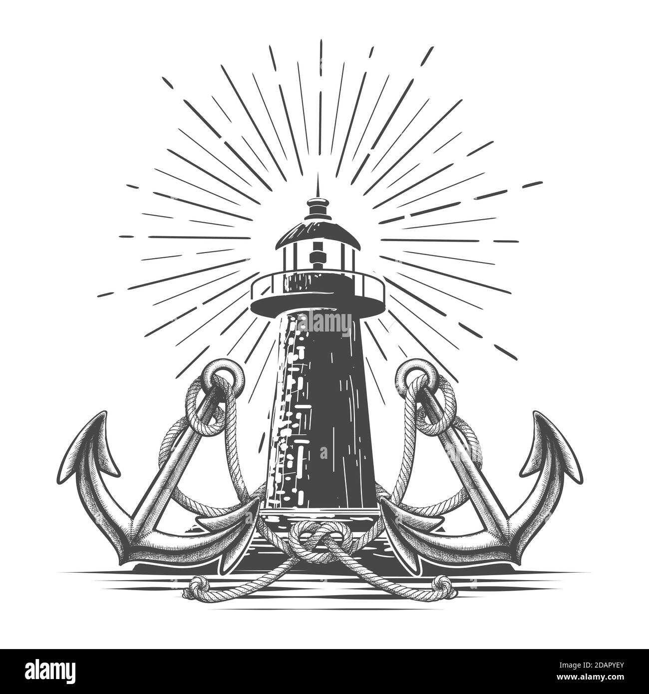 Grafica Hand Drawed Vintage Lighthouse in stile incisione. Faro due ancore e nodo di corda. Illustrazione vettoriale. Illustrazione Vettoriale