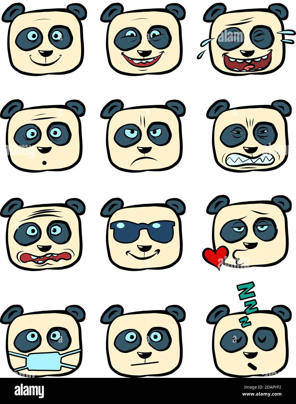 Panda Emoji affronta con diversi personaggi della collezione di emozioni, cute animale Illustrazione Vettoriale
