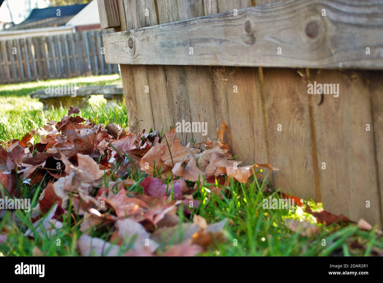 Mucchio di foglie e un rastrello appoggiato contro una recinzione autunno sfondo Foto Stock