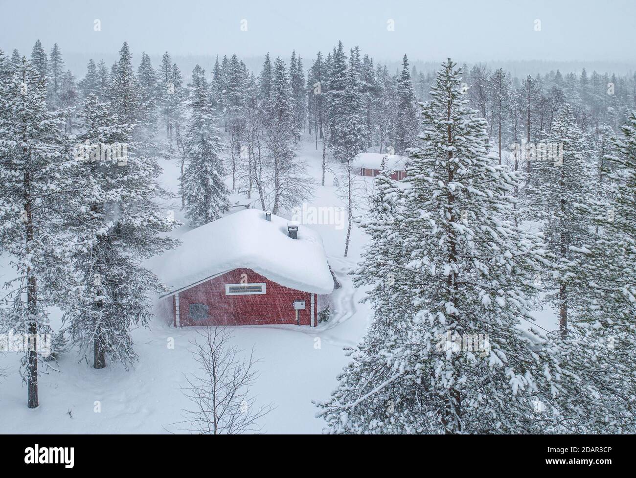 Casa in legno rosso nella foresta con nevicate in inverno, Muonio, Lapponia, Finlandia Foto Stock