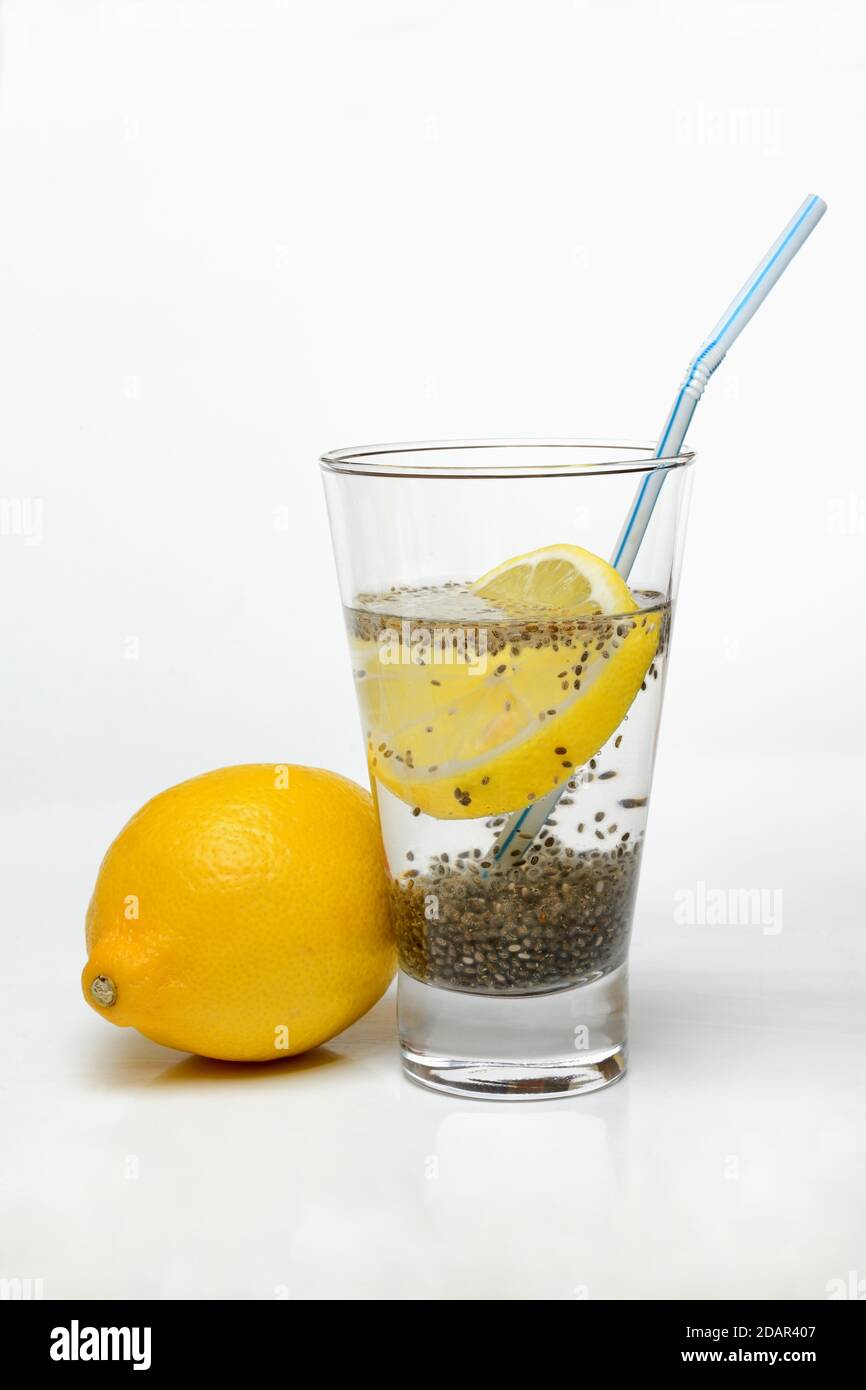 Semi di Chia, gonfio, in un bicchiere d'acqua con fettina di limone, Germania Foto Stock