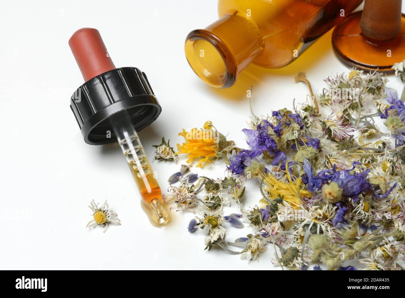 Pipettare (Tinktur) con fiori secchi, Germania Foto Stock