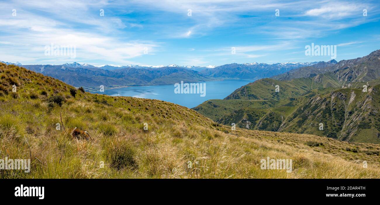 Vista dalla pista di montagna Grandview al lago, Lago Hawea, Alpi del Sud, Otago, Isola del Sud, Nuova Zelanda Foto Stock