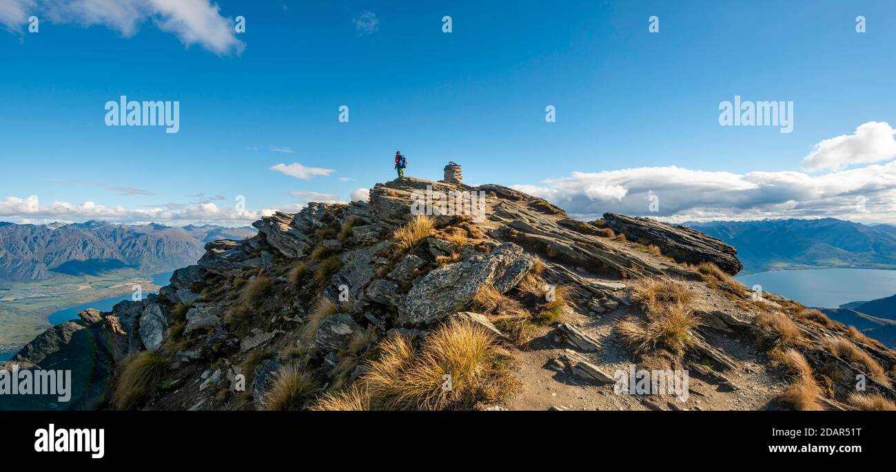 Escursionista alla cima di ben Lomond, vista sul lago Wakatipu e la catena montuosa Remarkables, Alpi del Sud, Otago, Isola del Sud, Nuova Zelanda Foto Stock