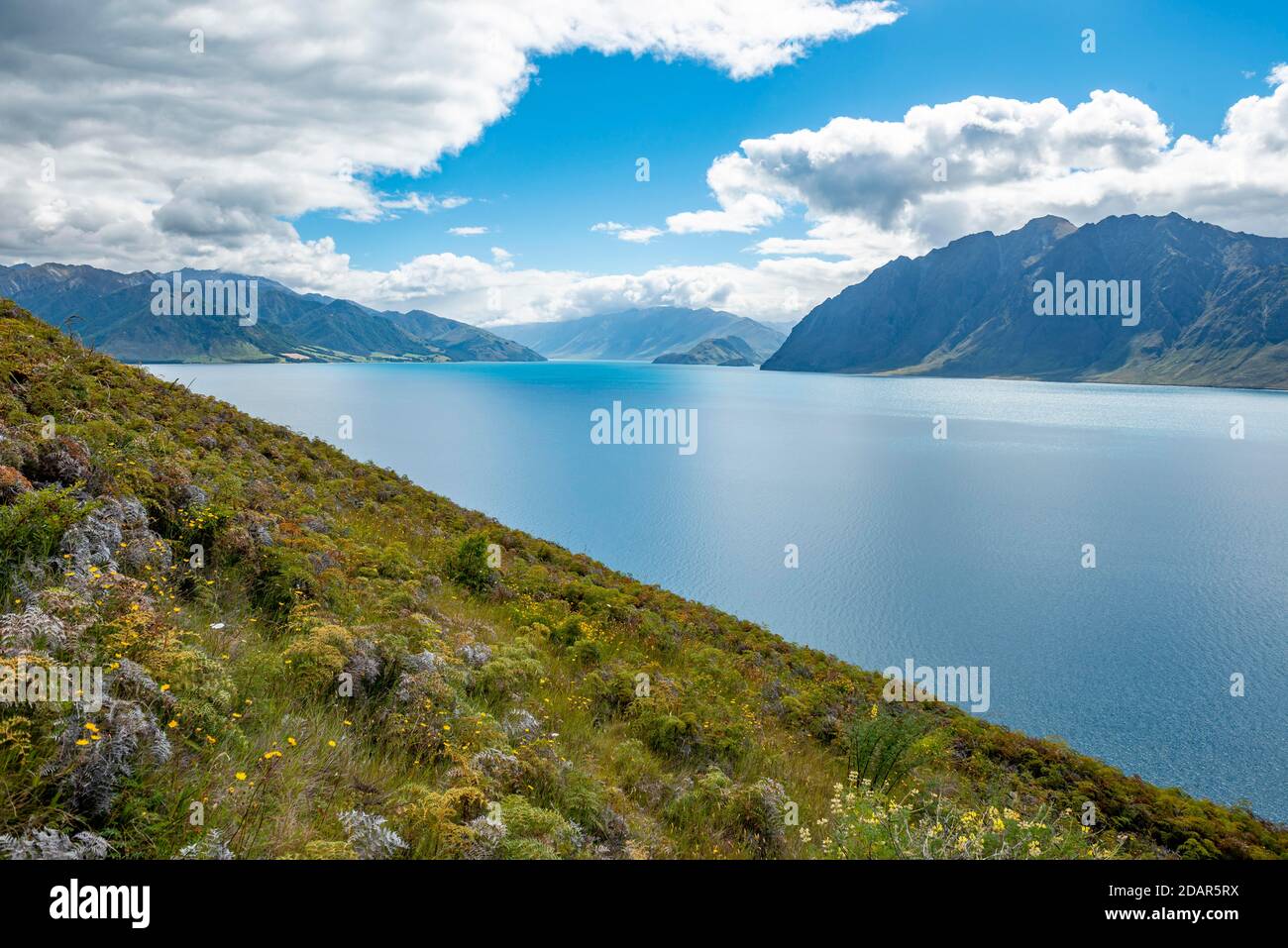 Vista sul lago e sulle montagne, lago Wanaka, Alpi meridionali, Otago, Isola del Sud, Nuova Zelanda Foto Stock