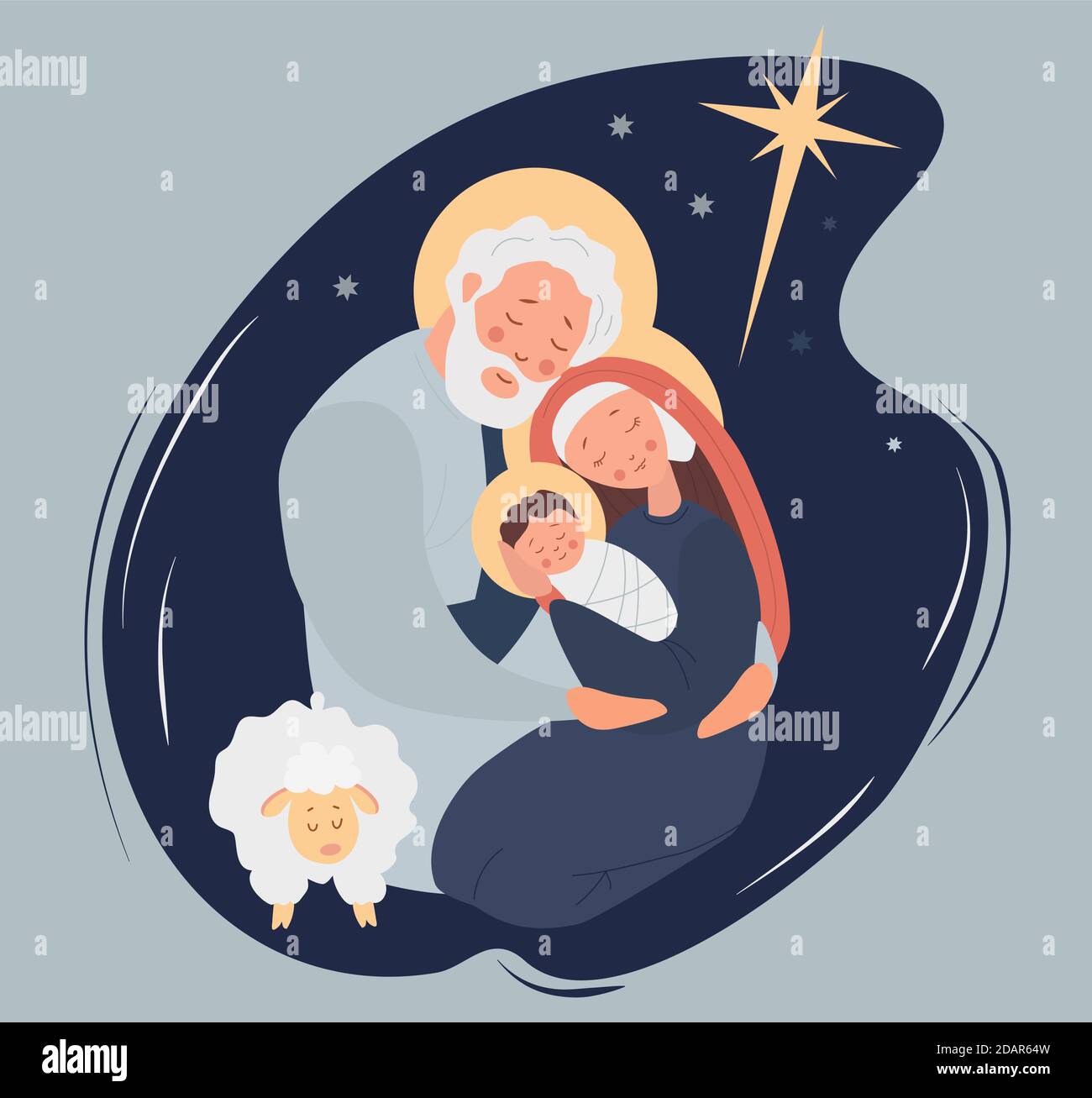 Buon Natale. Santa Famiglia Maria e Giuseppe nascita del Salvatore Gesù Cristo in una mangiatoia vicino alle pecore. Notte Santa e la stella di Betlemme. Vettore Illustrazione Vettoriale