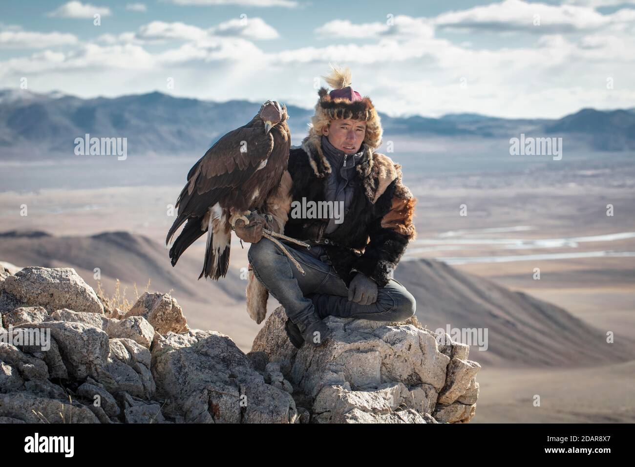 Cacciatore di aquile, Kisil Czar, Monti Altai, Mongolia Foto Stock