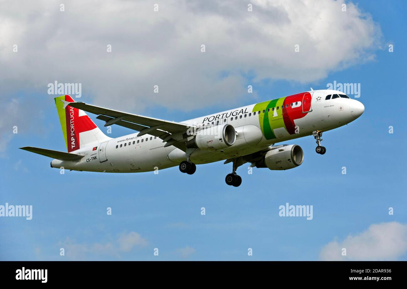 Airbus A320-214 della compagnia AEREA TAP Air Portugal per l'avvicinamento all'aeroporto di Ginevra, Svizzera Foto Stock