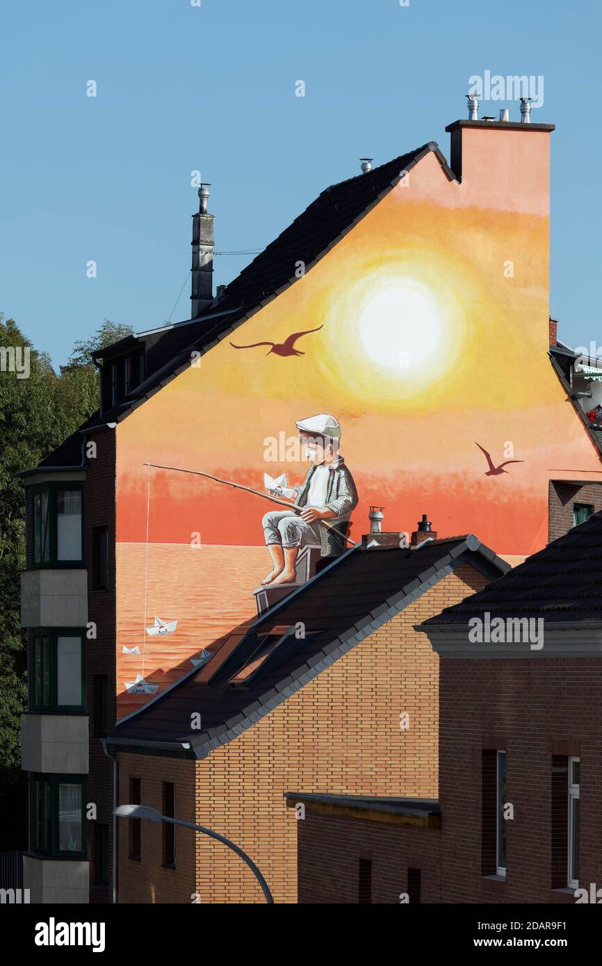 Mural See-Watch di Klaus Klinger, boat di carta da pesca per ragazzi, tema soccorso rifugiati nel Mediterraneo, Duesseldorf, Nord Foto Stock