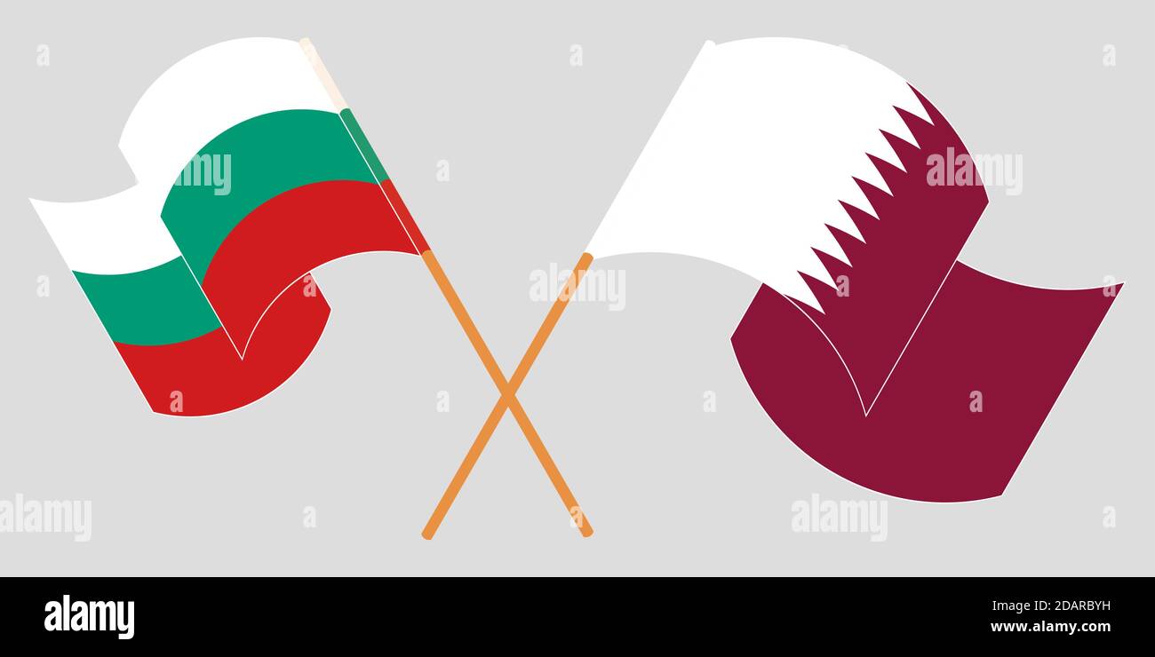 Bandiere incrociate e sventolanti di Bulgaria e Qatar. Illustrazione vettoriale Illustrazione Vettoriale