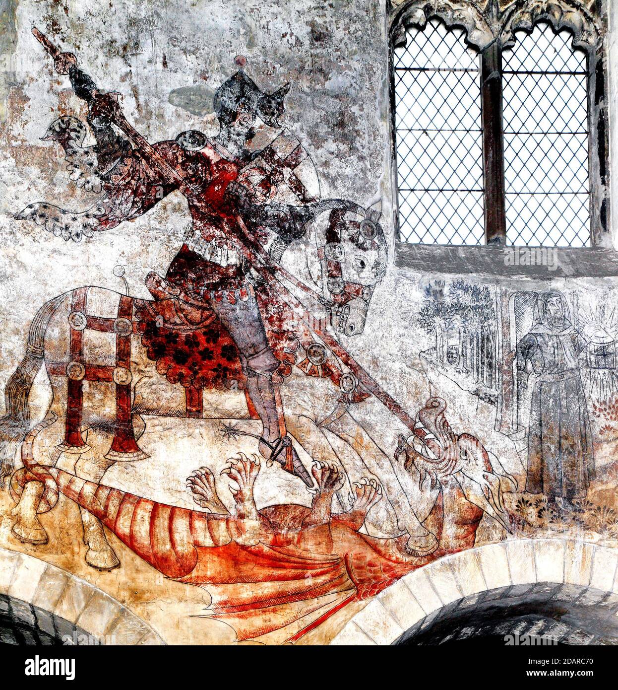 San Giorgio e Drago, pittura murale medievale, Pickering, Yorkshire, Inghilterra, San Patrono Foto Stock