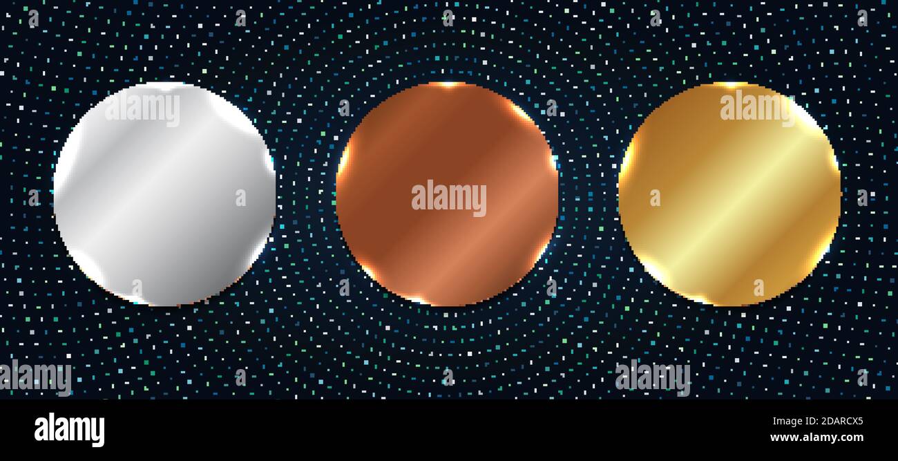 Set di etichette circolari in rame astratto, argento, oro lucido metallico o badge con elementi in particelle su sfondo blu scuro. Illustrazione vettoriale Illustrazione Vettoriale