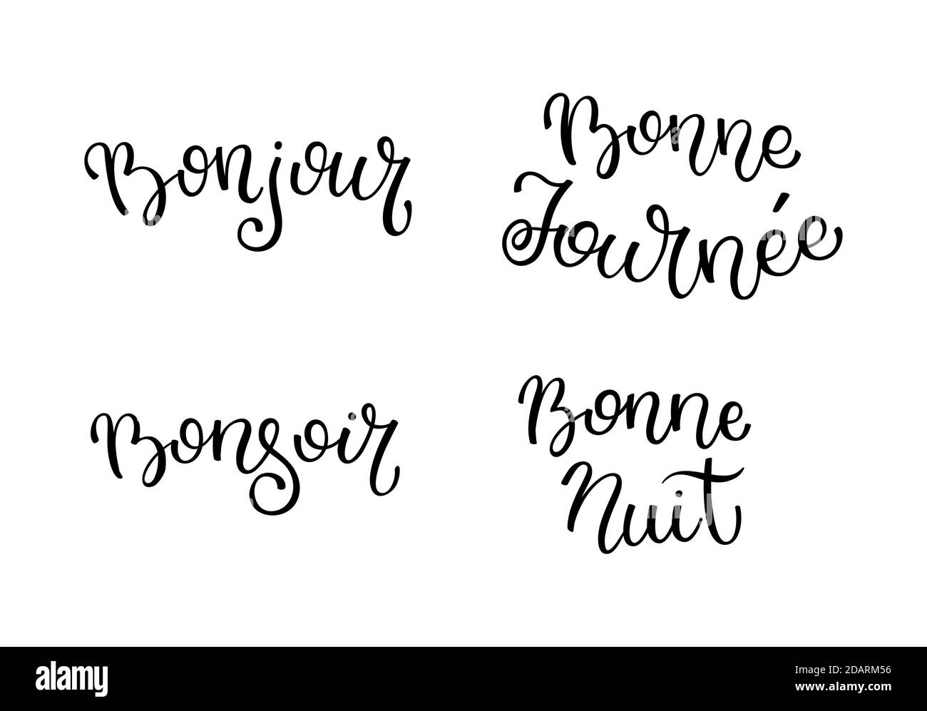 Scritta a mano Buongiorno, Buongiorno, buona sera, Buona notte. Lettere francesi. Illustrazione Vettoriale