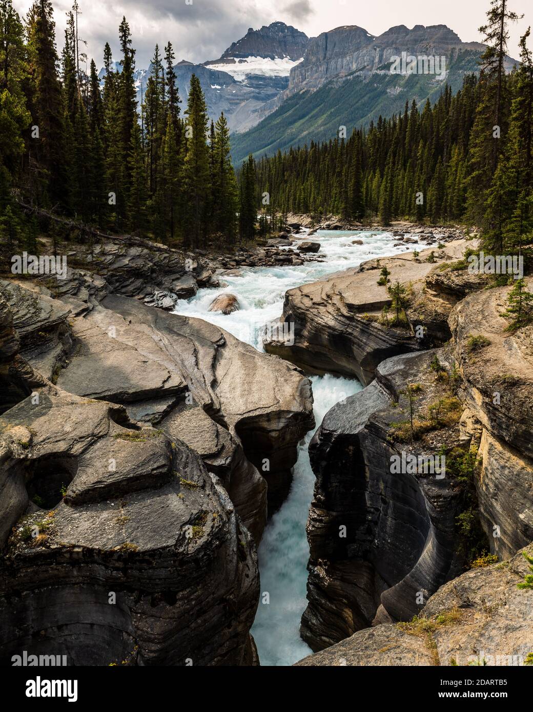 Mistaya Canyon in una bella giornata autunnale con le montagne sullo sfondo nel Jasper National Park, Alberta, Canada Foto Stock