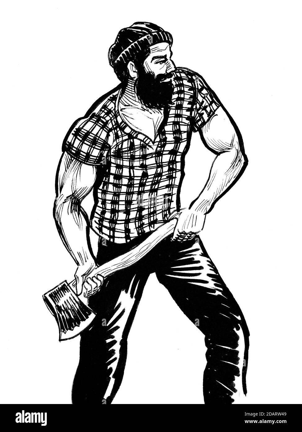 Jack di lumberjack canadese con ascia. Disegno in bianco e nero con inchiostro Foto Stock