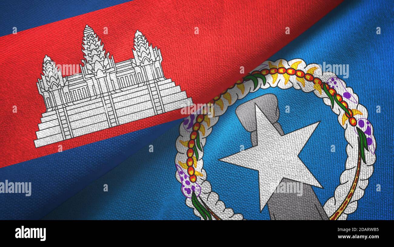 Cambogia e Isole Marianne Settentrionali due bandiere tessuto tessuto, tessuto Foto Stock