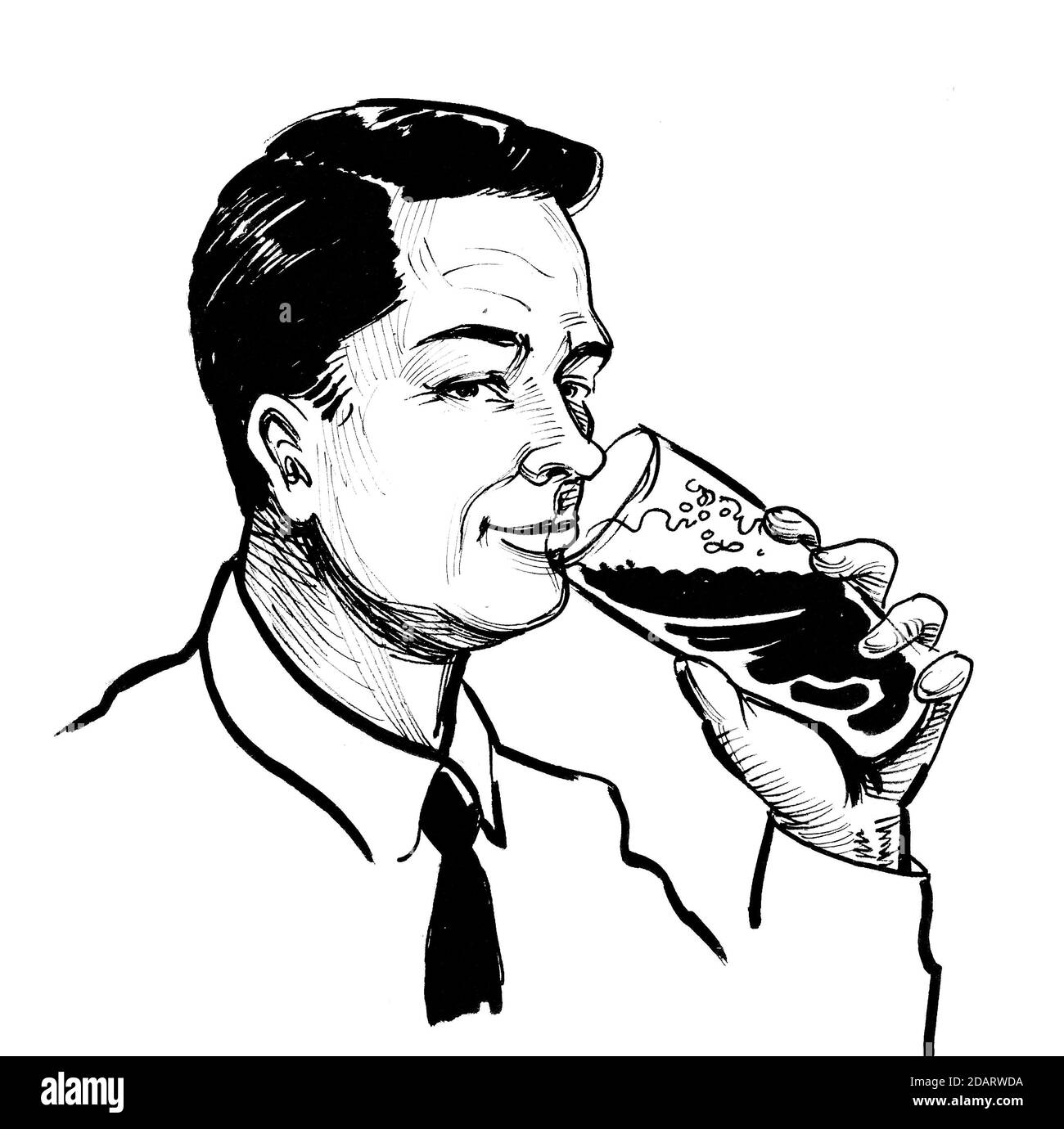 Uomo felice che beve una pinta di birra. Disegno in bianco e nero con inchiostro Foto Stock