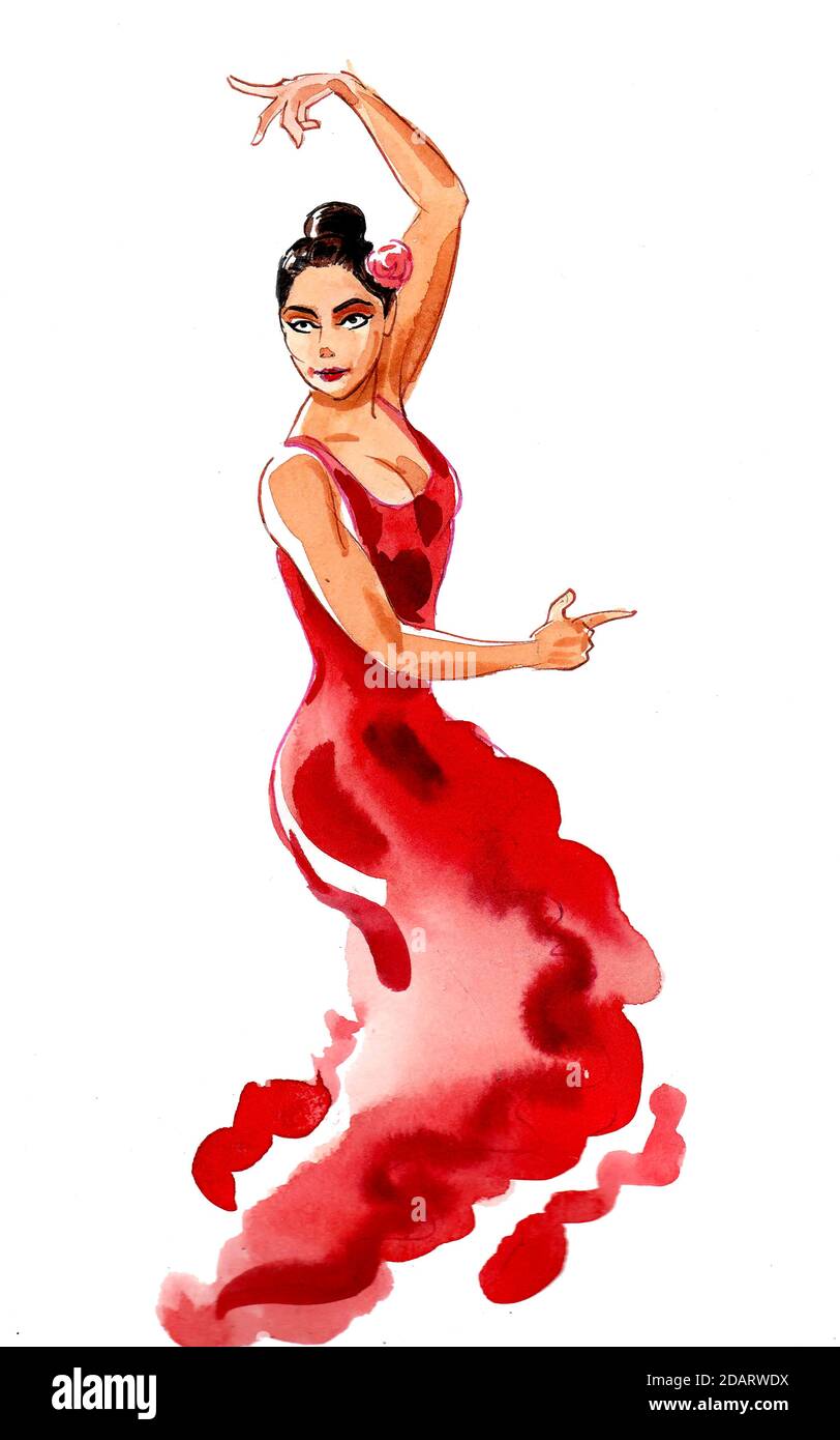 Bella ballerina spagnola di flamenco. Disegno con inchiostro e acquerello  Foto stock - Alamy
