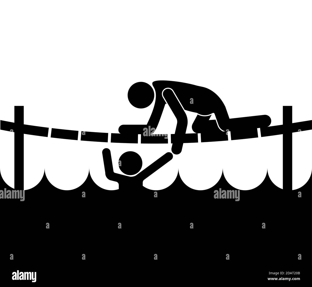 l'uomo salva un uomo che annegava in un fiume. Si tira fuori per tirarlo fuori dall'acqua. Vettore isolato su sfondo bianco Illustrazione Vettoriale