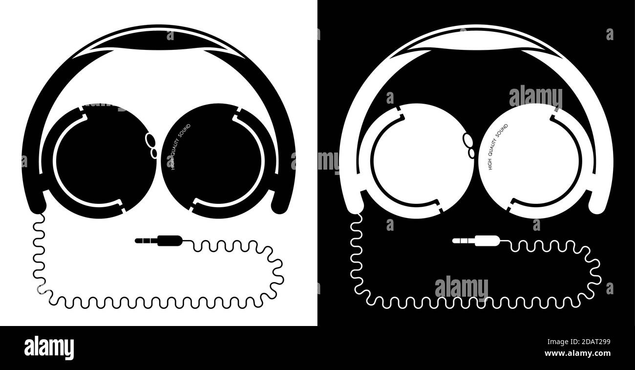 cuffie sovrauricolari ad icona bianca e nera sulla testa con un cavo a forma di volto dell'uomo. Vettore isolato Illustrazione Vettoriale