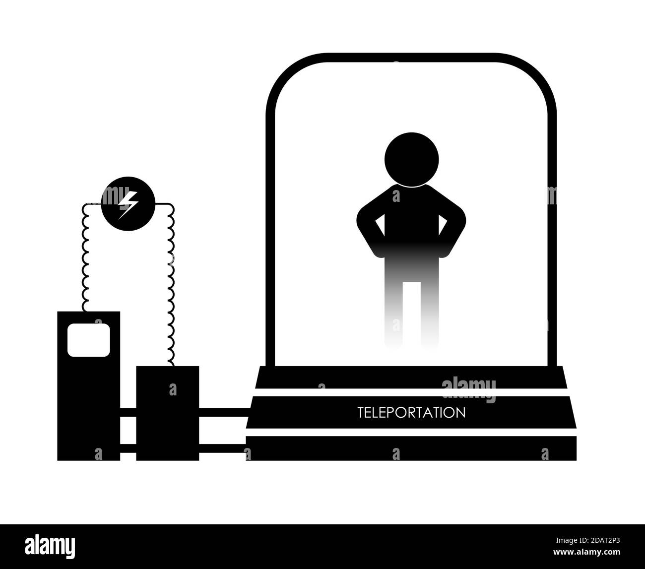 teletrasporto umano. Tecnologie future, una cabina per muoversi nello spazio. L'icona. Vettore isolato su sfondo bianco Illustrazione Vettoriale