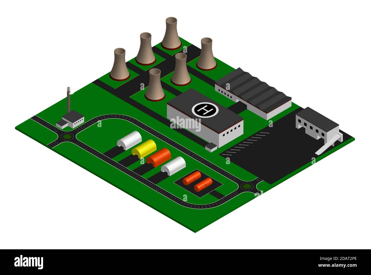 Illustrazione isometrica di una centrale elettrica, impianto. Edifici di produzione, hangar, tubi. Vettore Illustrazione Vettoriale